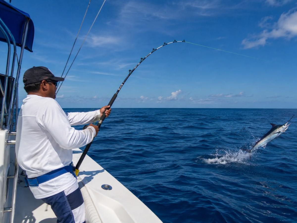 Un pescador enfrenta la fuerza de un marlín en aguas del Pacífico, una de las experiencias más buscadas por los aficionados a la pesca deportiva en El Salvador.