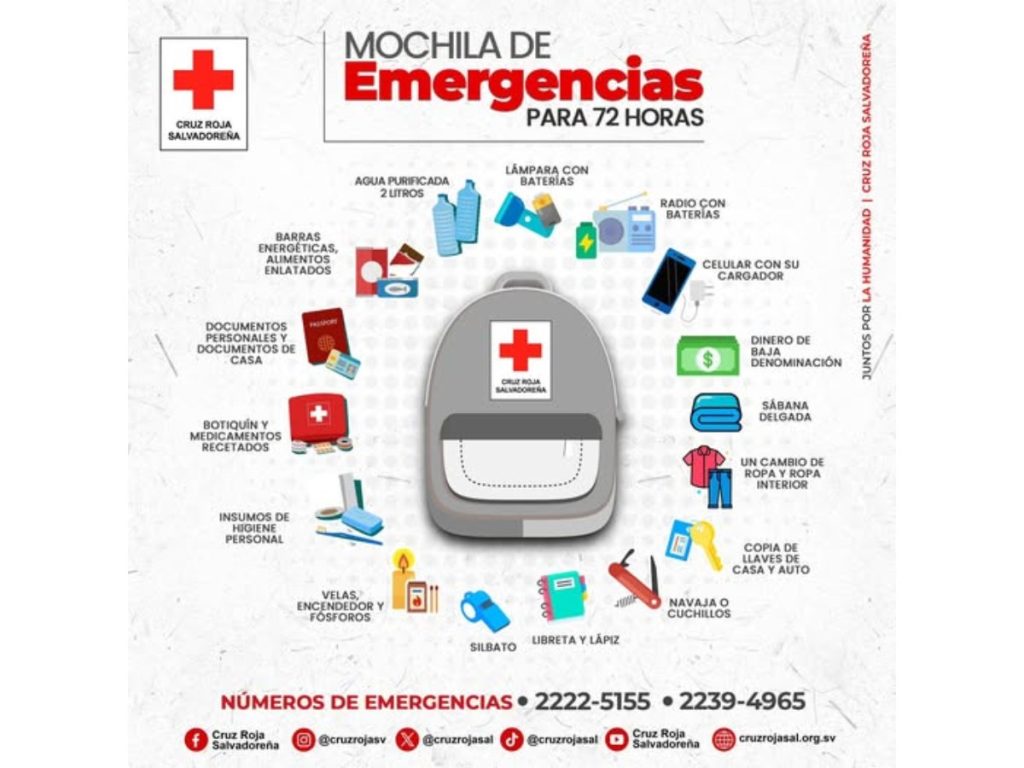 La Cruz Roja Salvadoreña recomienda preparar una mochila de emergencia con agua, alimentos, medicamentos y documentos personales para enfrentar evacuaciones por lluvias o inundaciones. Imagen/ Cortesía Cruz Roja Salvadoreña