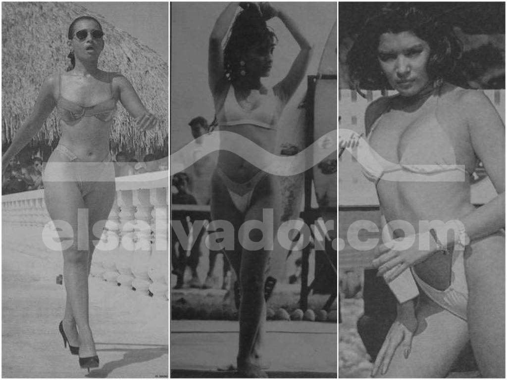 Collage en blanco y negro de tres imágenes verticales de mujeres salvadoreñas modelando bikinis en los años 80 y 90. A la izquierda, una mujer camina en tacones y bikini con lentes de sol; al centro, otra posa con los brazos en la cabeza; a la derecha, una joven posa de frente con un bikini de corte alto. El logotipo elsalvador.com está en marca de agua.