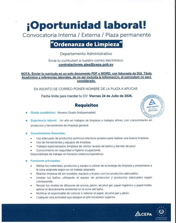 CEPA anunció una nueva convocatoria para contratar personal de limpieza con plaza permanente. La oferta está abierta para candidatos internos y externos.