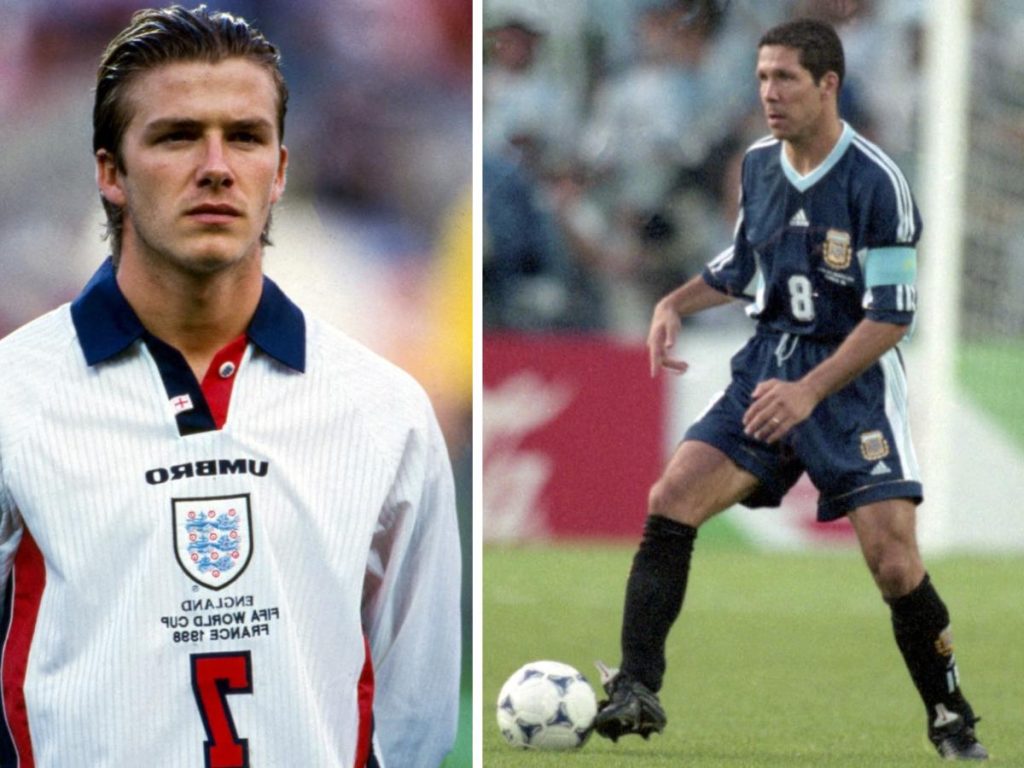 El centrocampista inglés David Beckham (izquierda) y el capitán argentino Diego Simeone (derecha)