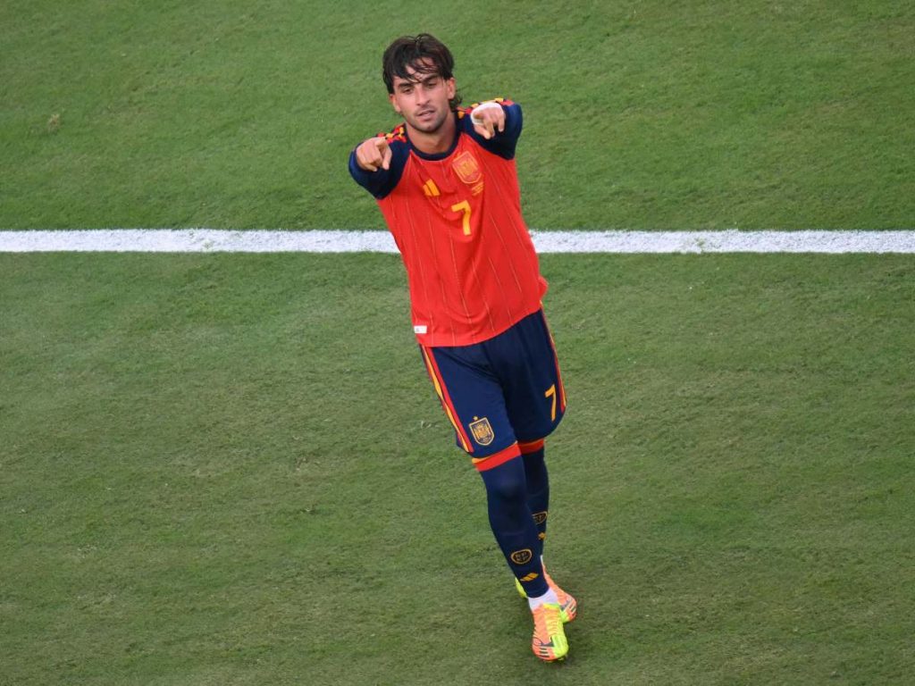 Ferran Torres celebra el gol del 1-0 ante Argentina en la final del Mundial 2026, disputada en East Rutherford. Foto: Angela Weiss/AFP.