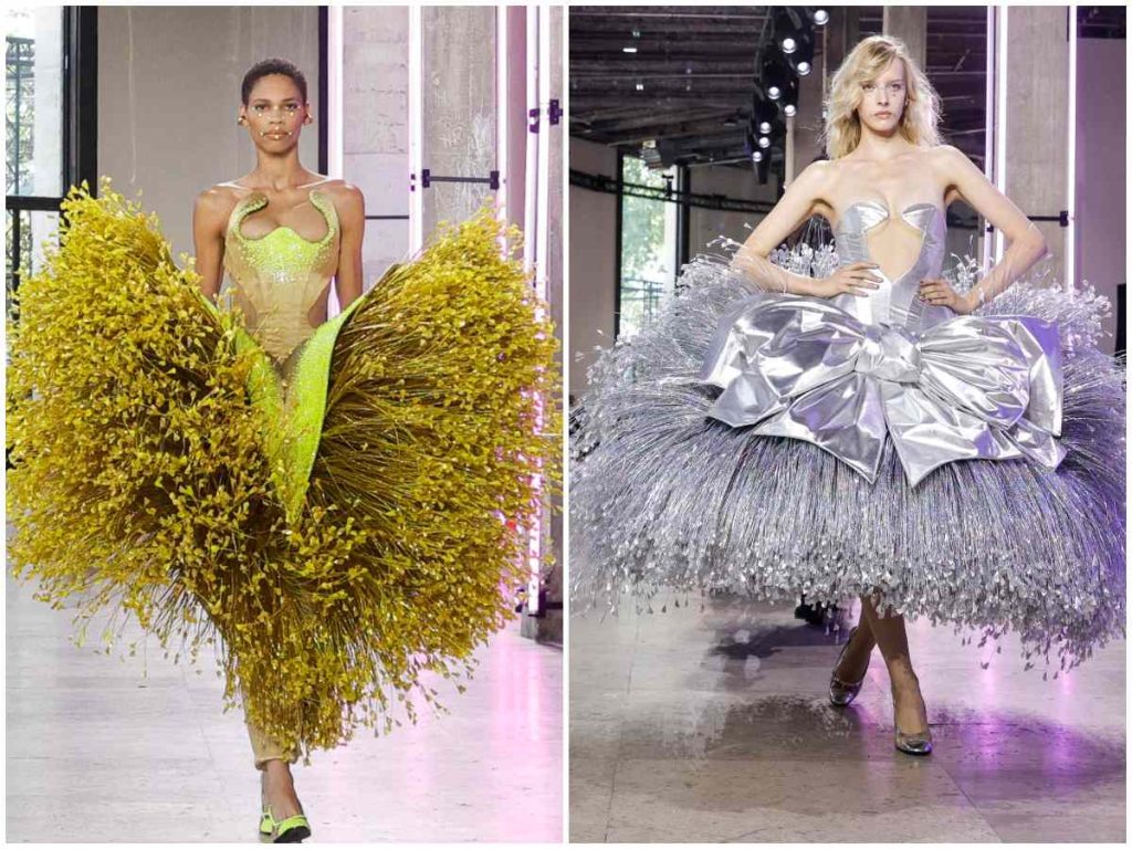 Modelos presentan creaciones de Germanier con faldas exuberantes, brillo y explosiones de color durante la Alta Costura de París.