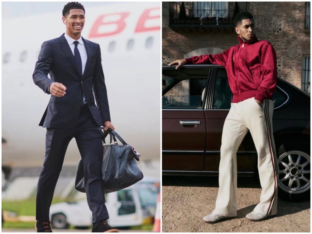 Jude Bellingham equilibra la sastrería clásica con una estética deportiva retro: bolso de viaje, líneas limpias y siluetas amplias definen su estilo.