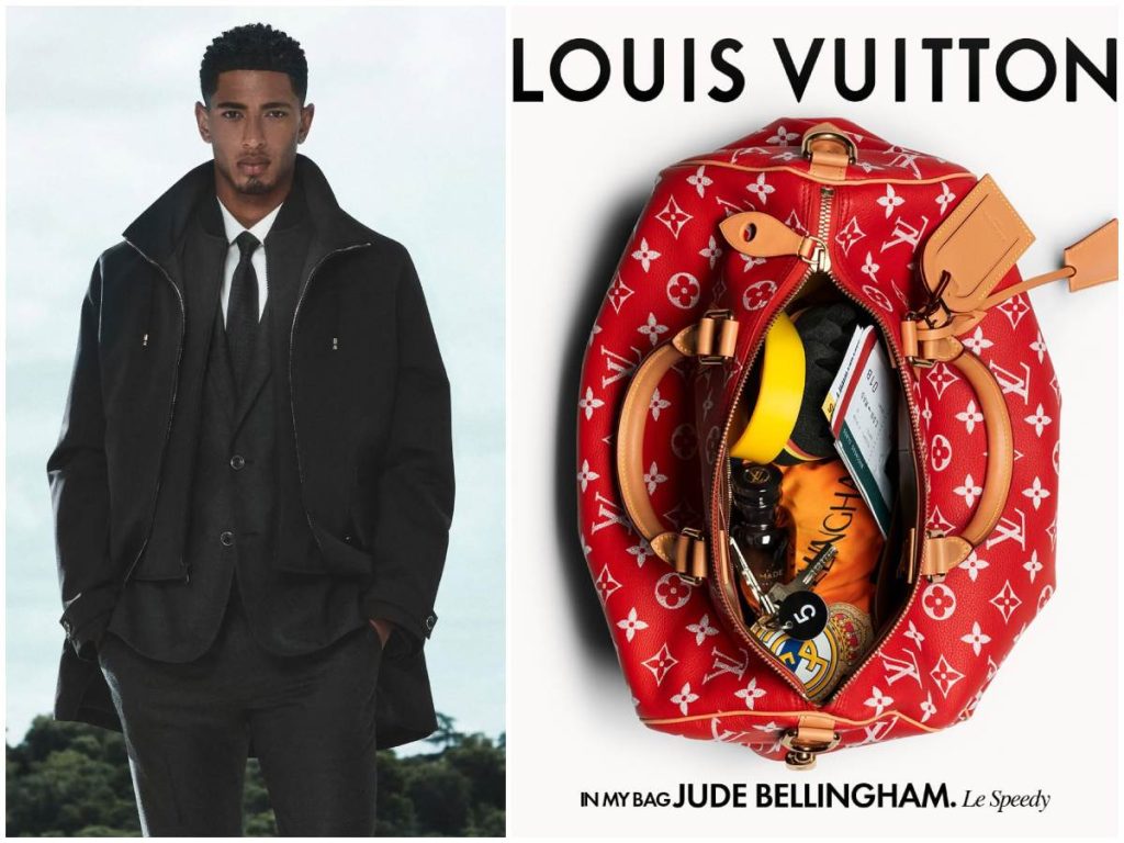 Jude Bellingham une sastrería moderna y espíritu viajero en Louis Vuitton, acompañado por su llamativo Speedy rojo.