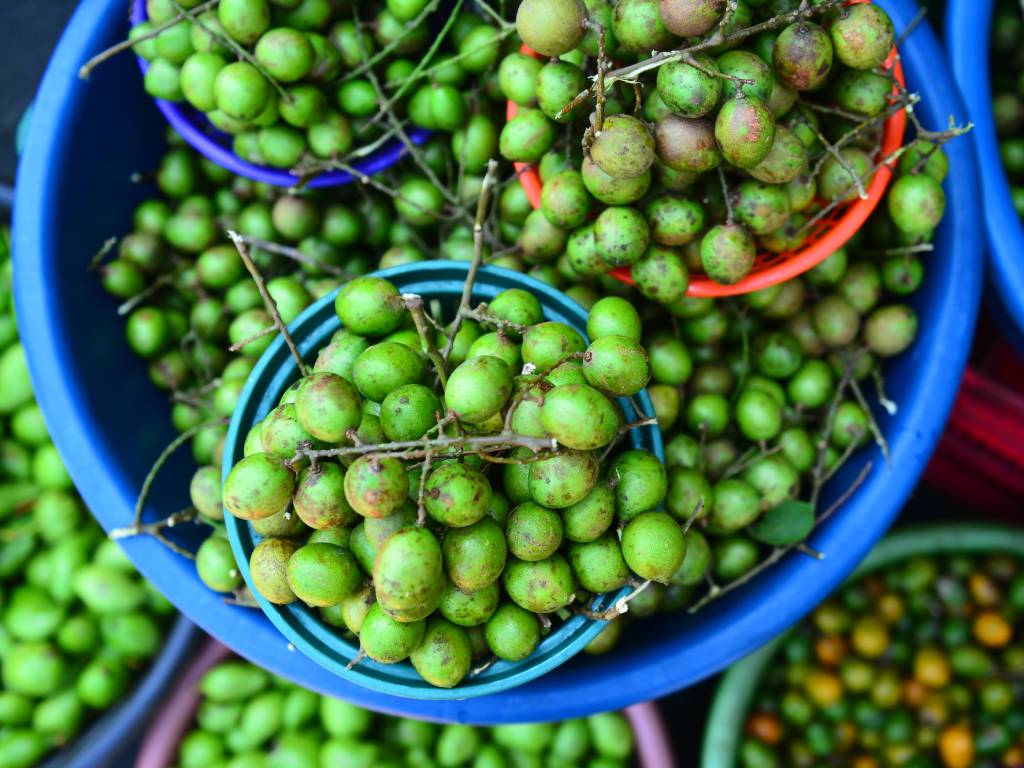 Mamón: pequeña fruta redonda de cáscara verde y dura.