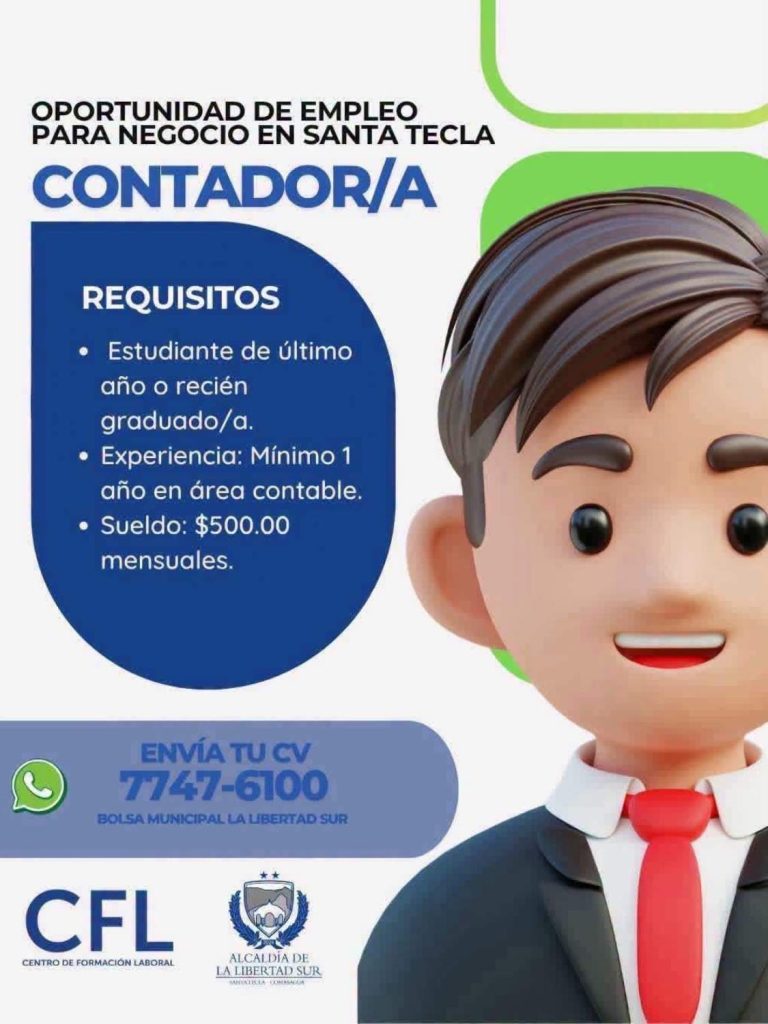 Plaza de contador en Santa Tecla_ revisá los requisitos. Alcaldía La Libertad Sur