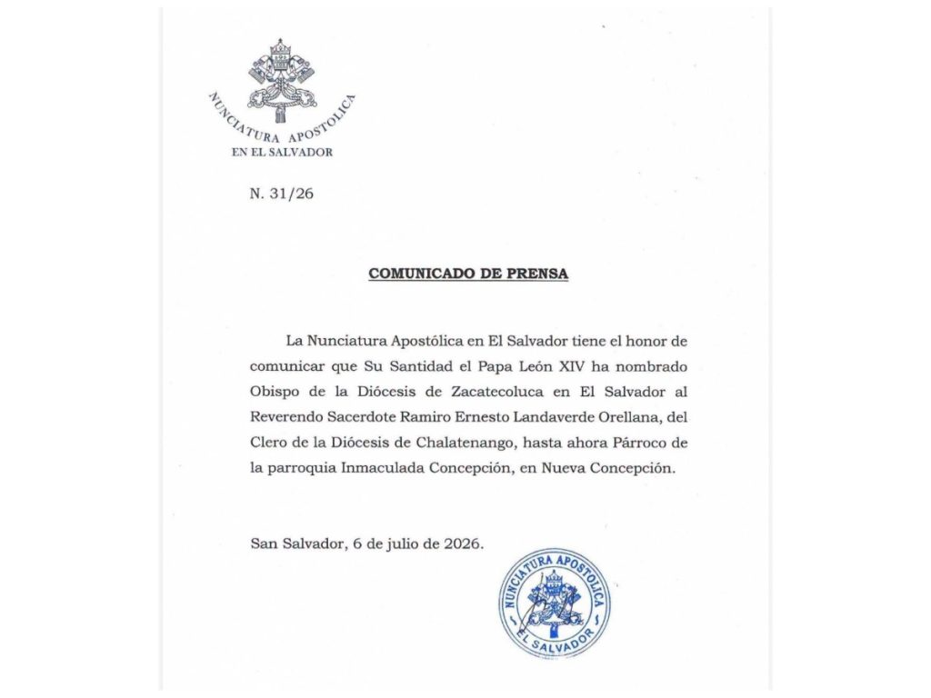 La Nunciatura Apostólica en El Salvador oficializó el nombramiento de Ramiro Ernesto Landaverde Orellana este 6 de julio.