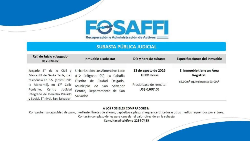 Las propiedades serán subastadas entre agosto y octubre de 2026