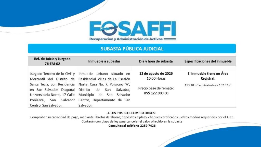 Los interesados deberán acreditar su capacidad de pago para participar en las subastas públicas judiciales organizadas por FOSAFFI.