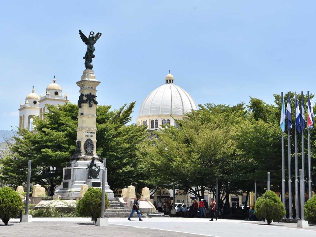 La plaza Libertad, en el Centro Histórico de San Salvador, luce rodeada de Terminalia ivorensis, el árbol africano de Don Alberto. /Foto Miguel Lemus