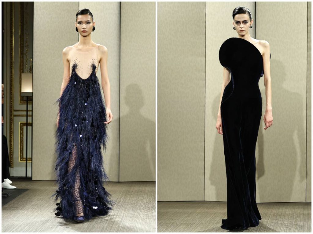 Modelos presentan creaciones de Giorgio Armani Privé para la Alta Costura Otoño/Invierno 2026-2027, entre plumas, terciopelo y siluetas geométricas.