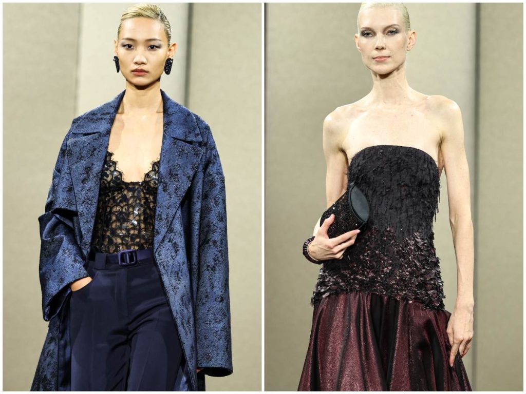 Armani Privé explora una elegancia nocturna con encaje, abrigos de caída suave, bordados oscuros y destellos en tonos azul marino y vino.