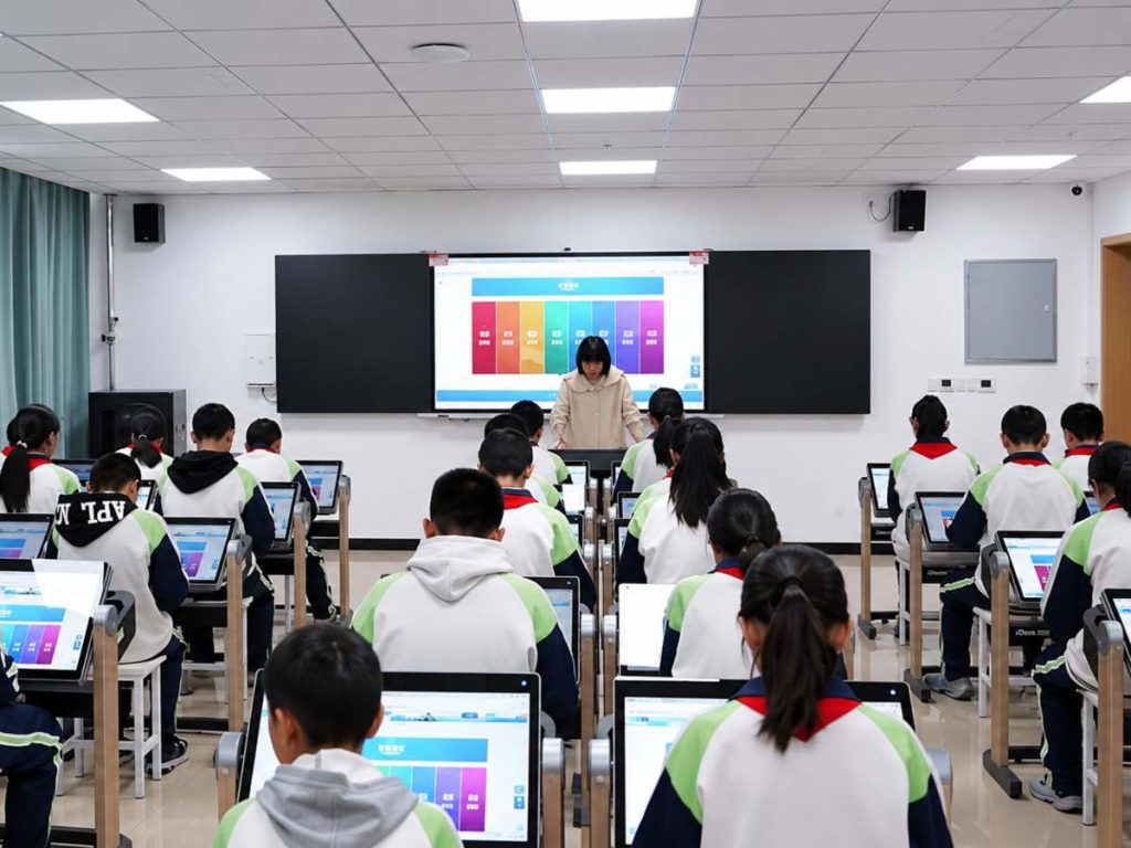 Estudiantes utilizan pupitres equipados con pantallas táctiles durante una clase en una escuela de China.