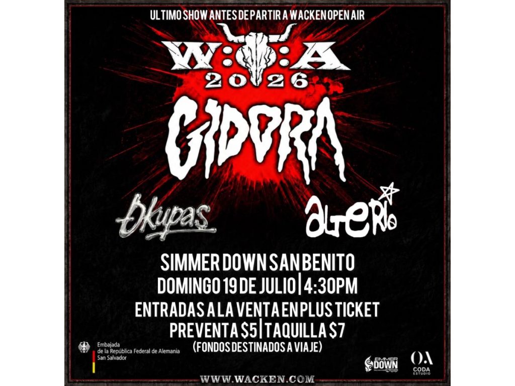 Gidora ofrecerá su último concierto en El Salvador este 19 de julio antes de viajar a Alemania para participar en Wacken Open Air 2026. Foto / Cortesía.