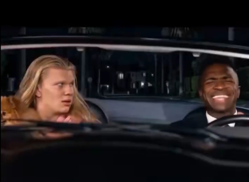 Haaland reaccionó al meme y propuso a Vinicius Jr recrear la famosa escena del auto.