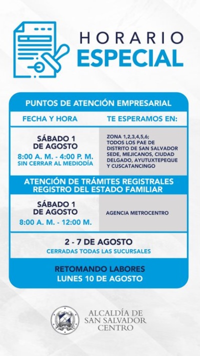 Horario especial de Alcaldía San Salvador Centro por Fiestas Agostinas. /