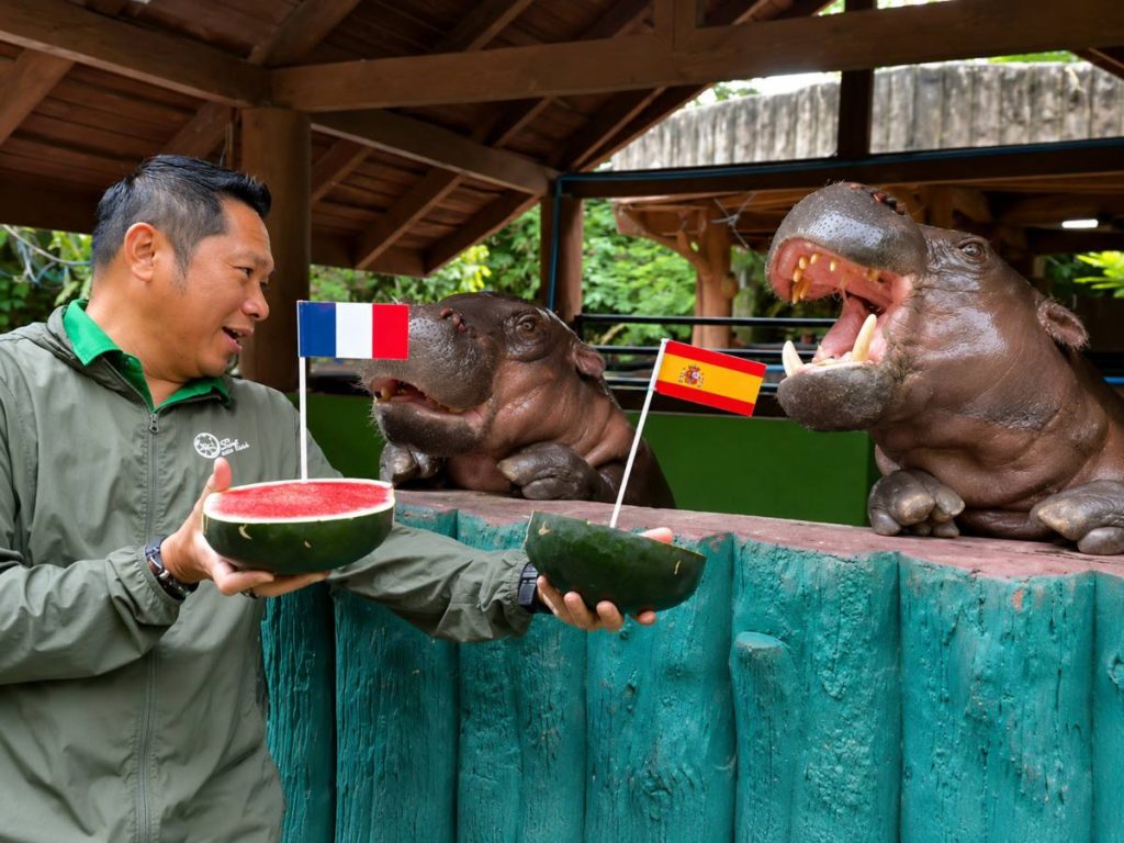  El hipopótamo pigmeo tailandés Moo Deng, que en 2024 conquistó las redes sociales, predijo este martes que las selecciones de Francia e Inglaterra disputarán la final del Mundial de fútbol, antes de que estas se enfrenten en semifinales a España y Argentina, respectivamente.