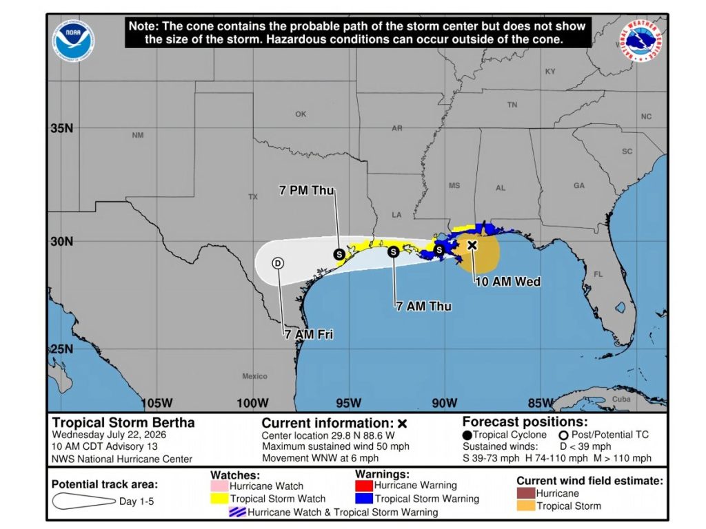  Imagen cedida este miércoles por la Oficina Nacional de Administración Oceánica y Atmosférica (NOAA) a través del Centro Nacional de Huracanes (NHC) estadounidense donde se muestra el pronóstico de cinco días del paso de la tormenta tropical Bertha en el golfo de México.