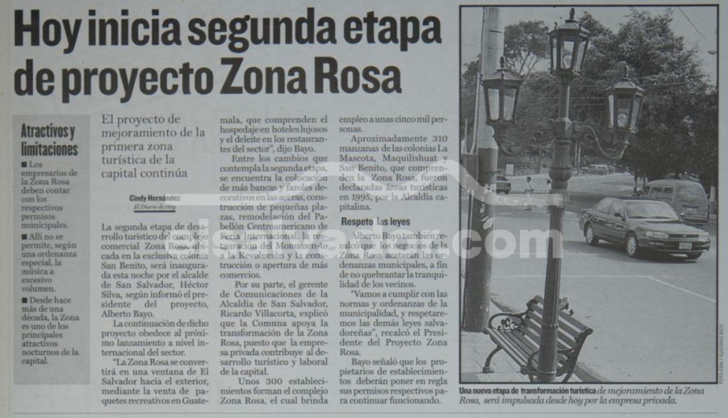 La segunda etapa del proyecto de revitalización de la Zona Rosa comenzó en junio de 1997 e incluyó nuevas obras de infraestructura y recuperación de espacios públicos. Foto de archivo / El Diario de Hoy.