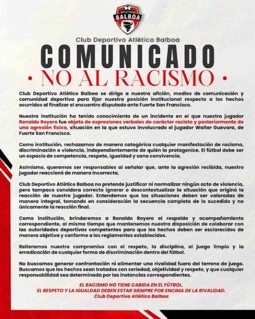 Atlético Balboa denuncia expresiones racistas contra Ronaldo Royero tras partido San Francisco
