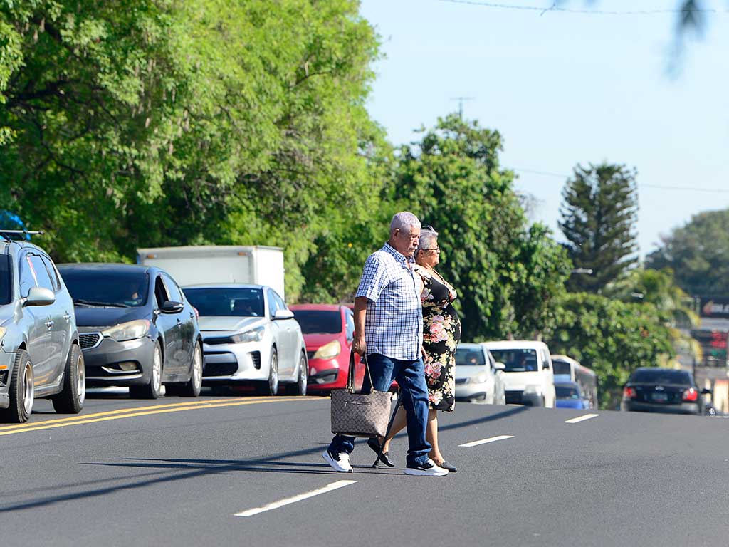 Imagen de una pareja de adultos mayores cruzando una calle en San Salvador, la Avenida Bernal, cerca de la intersección con el Bulevar Universitario. El hombre viste una camisa de cuadros y la mujer un vestido floral y lleva un bolso. Caminan por un cruce peatonal mientras el tráfico está detenido por el semáforo al fondo. Hay árboles y otros autos visibles.
