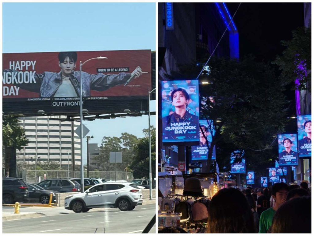 Imágenes de la campaña mundial por el cumpleaños de Jungkook de BTS muestran anuncios en espacios públicos de Los Ángeles y Seúl. Foto / Jungkook China