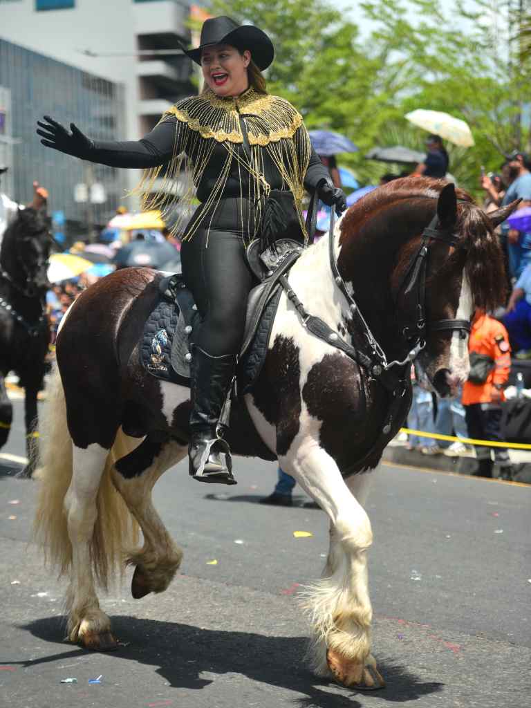 Una jineta modela junto a un hermoso ejemplar durante el desfile.