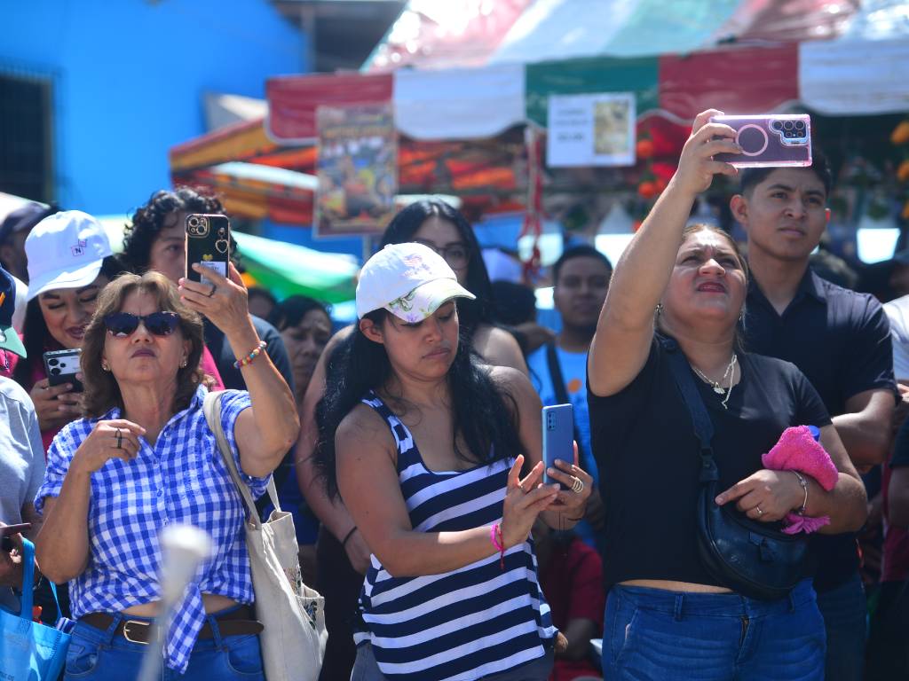 Visitantes sosteniendo sus teléfonos celulares para grabar la presentación musical en vivo.