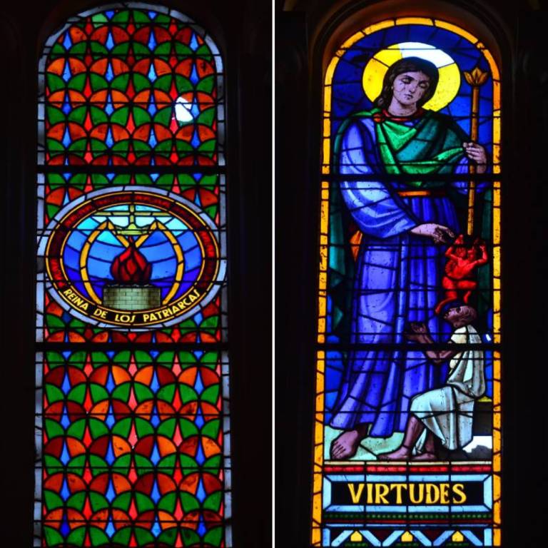 Vitrales dañados en proceso de inspección y evaluación técnica para su posterior restauración en el templo.