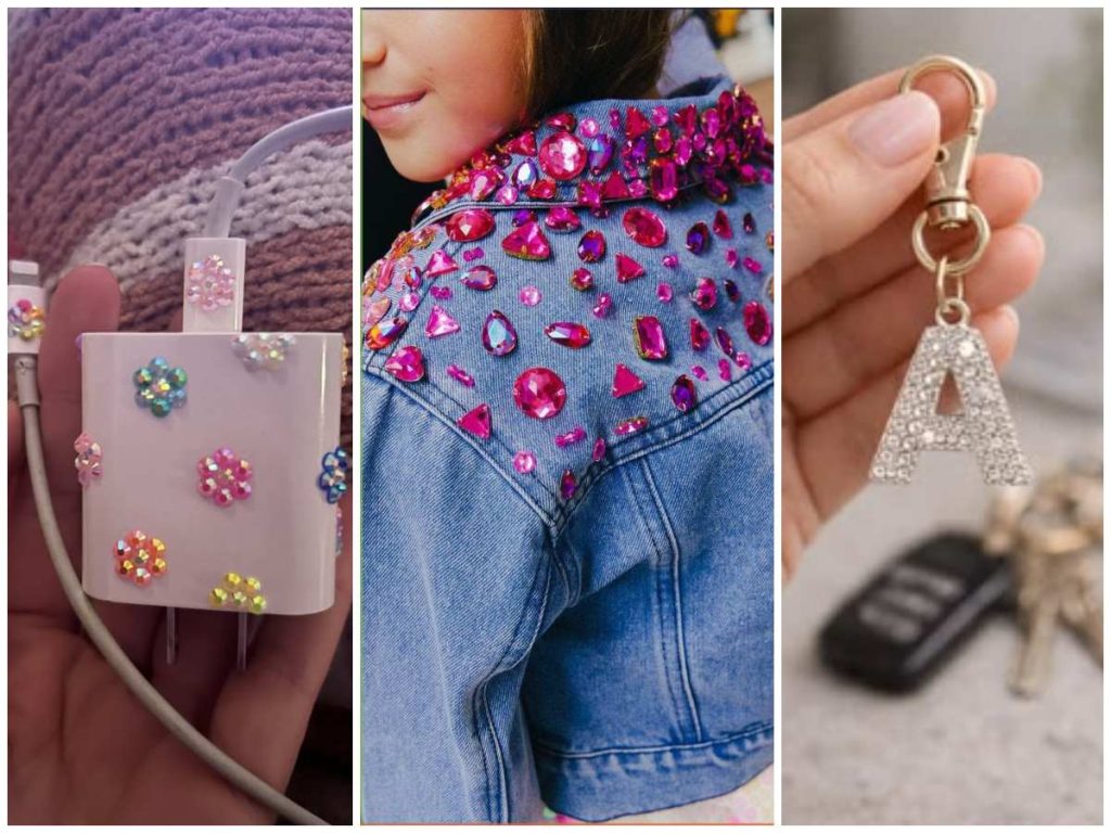 Pinterest también refleja el auge del bedazzling con ideas para personalizar desde prendas de denim hasta cargadores, llaveros y otros objetos cotidianos con cristales.