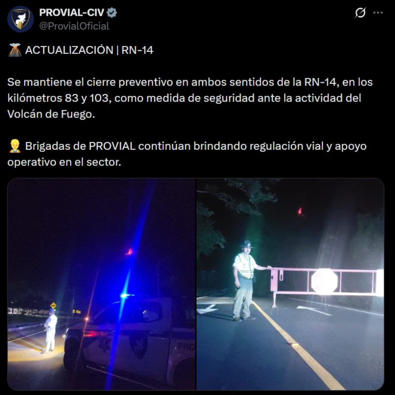 La RN-14 permanece cerrada entre los kilómetros 83 y 103 por la actividad del volcán de Fuego.