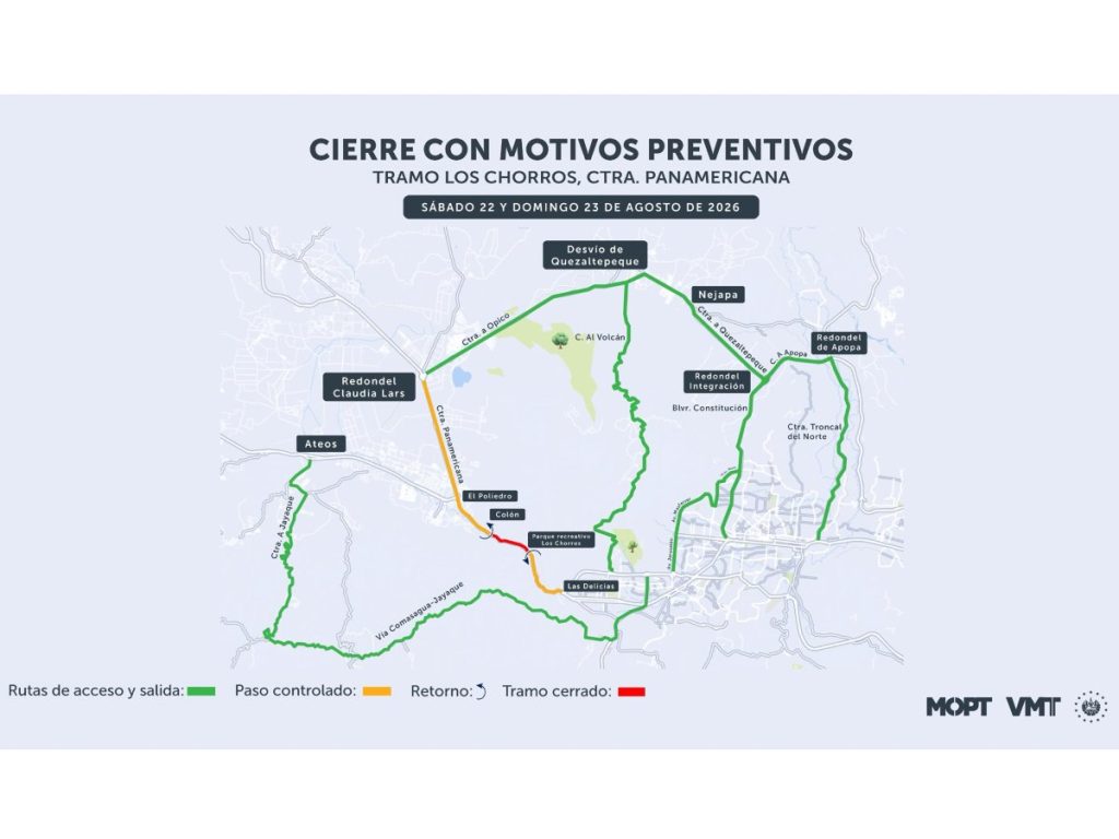 El tramo Los Chorros, en la carretera Panamericana, tendrá cierre total desde las 00:00 horas del sábado 22 hasta las 23:59 horas del domingo 23 de agosto.