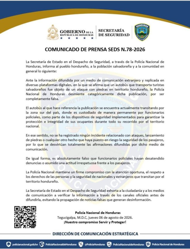 La Policía Nacional de Honduras desmintió un supuesto ataque contra un autobús que transporta turistas salvadoreños.