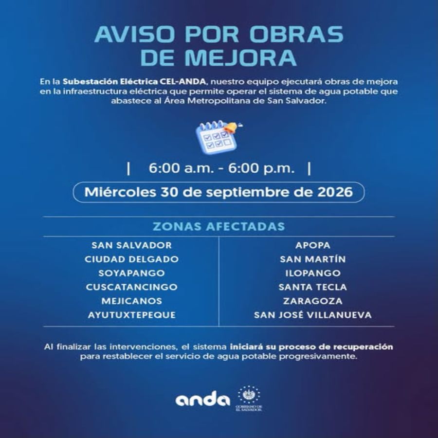 ANDA - agua potable - Sistema Zona Norte - suspensión de agua - servicio de agua - San Salvador - Soyapango - Mejicanos - Santa Tecla - Apopa - zonas afectadas - suministro de agua