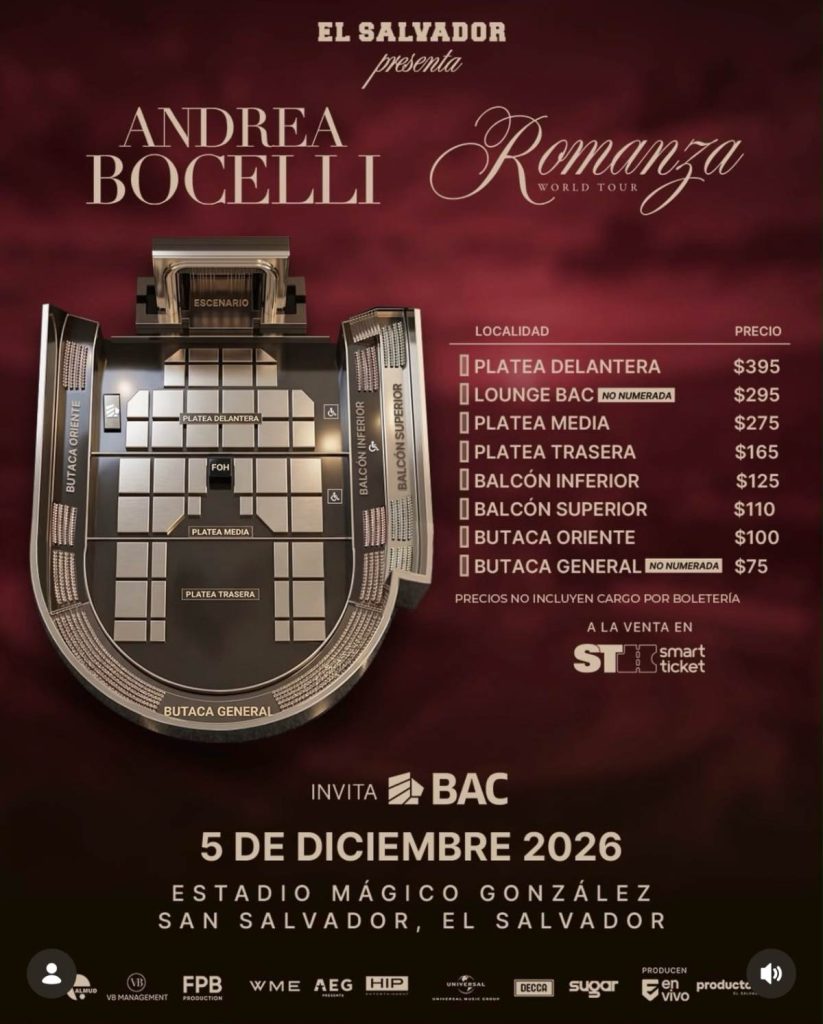 Andrea Bocelli se presentará el 5 de diciembre de 2026 en el Estadio Nacional Jorge “El Mágico” González. Foto / cortesía Conciertossv.
