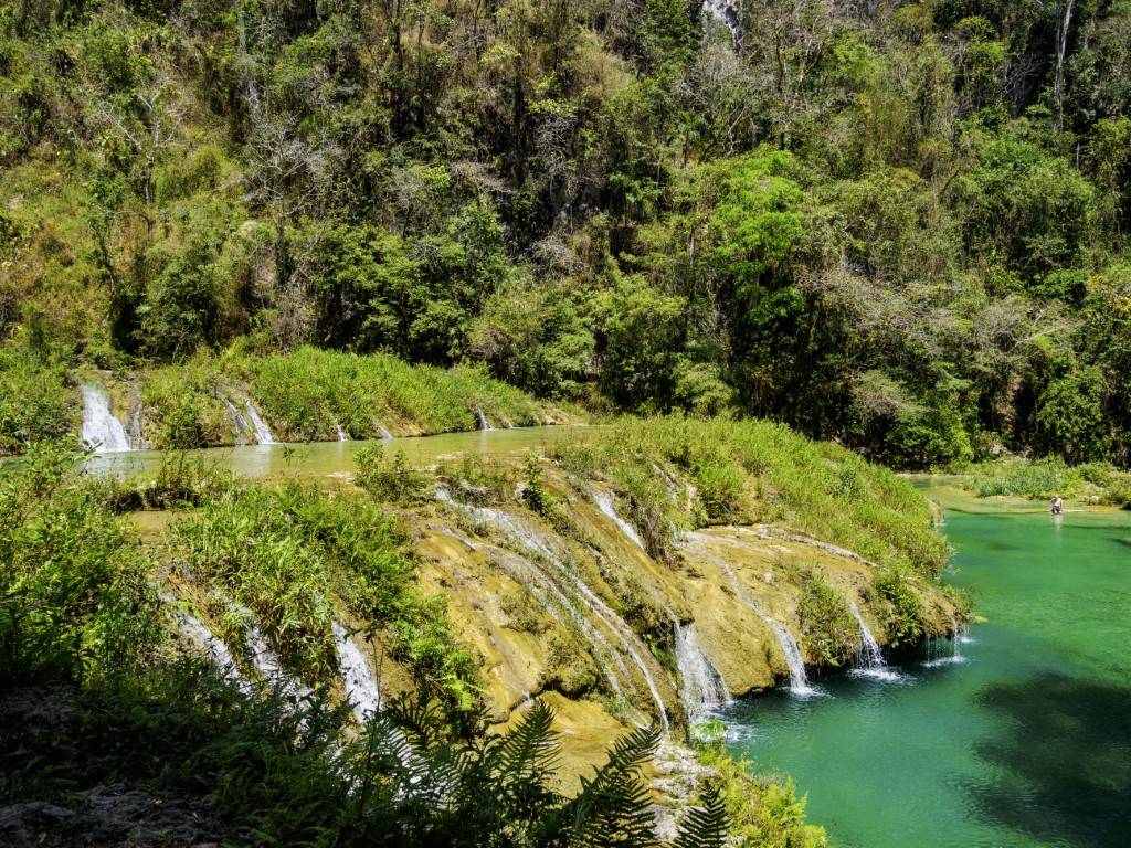 La imponente cascada del río Cahabón fluye entre la densa vegetación de un paisaje natural virgen

