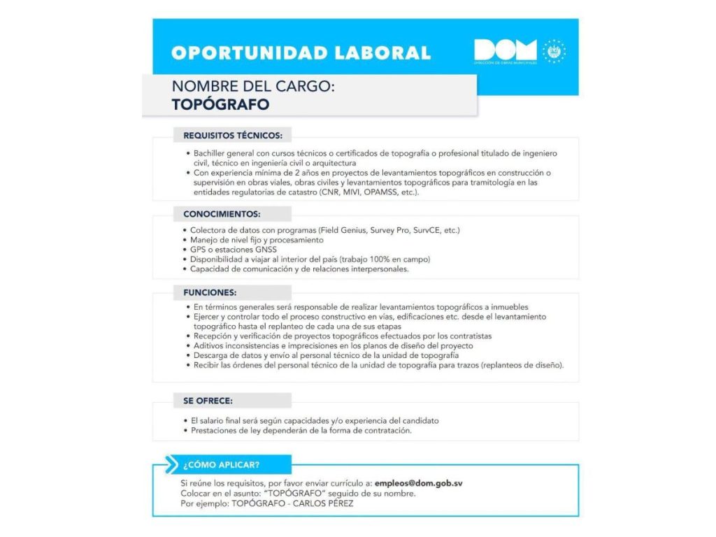 Oferta laboral de topógrafo publicada por la Dirección de Obras Municipales.