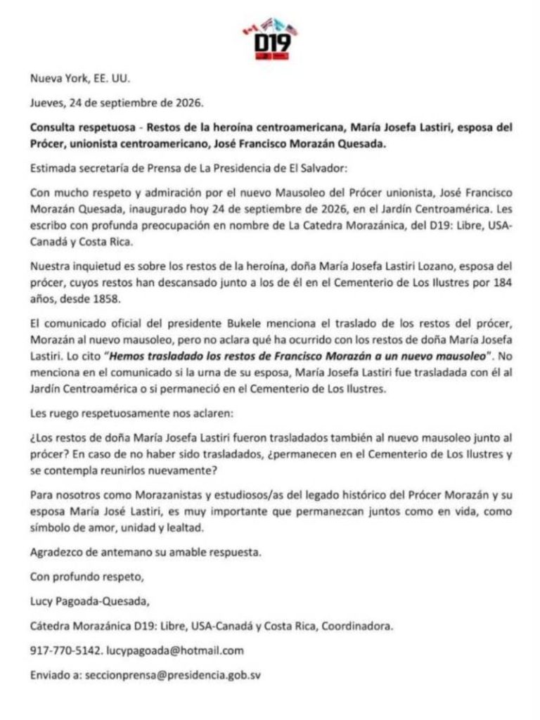 La Cátedra Morazánica D19 pidió aclarar dónde se encuentran los restos de María Josefa Lastiri.