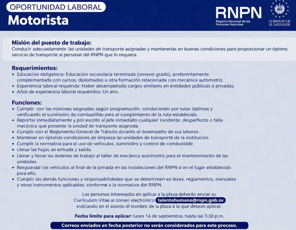 RNPN - empleo - oportunidades laborales - plazas RNPN - trabajo - Motorista