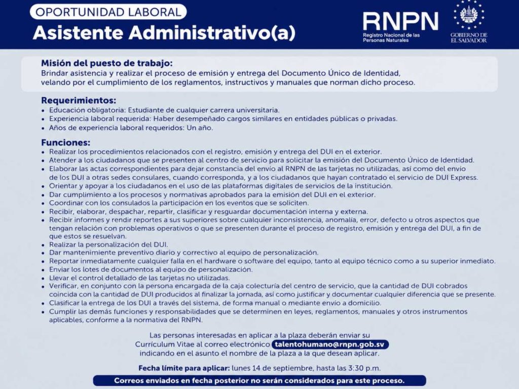 RNPN - empleo - oportunidades laborales - plazas RNPN - trabajo- Asistente Administrativo