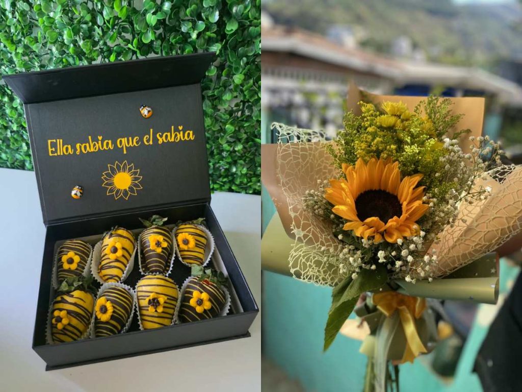 Cajas con fresas decoradas en amarillo y chocolate forman parte de las opciones elaboradas por “Qué Bonito”. Foto/ Cortesía