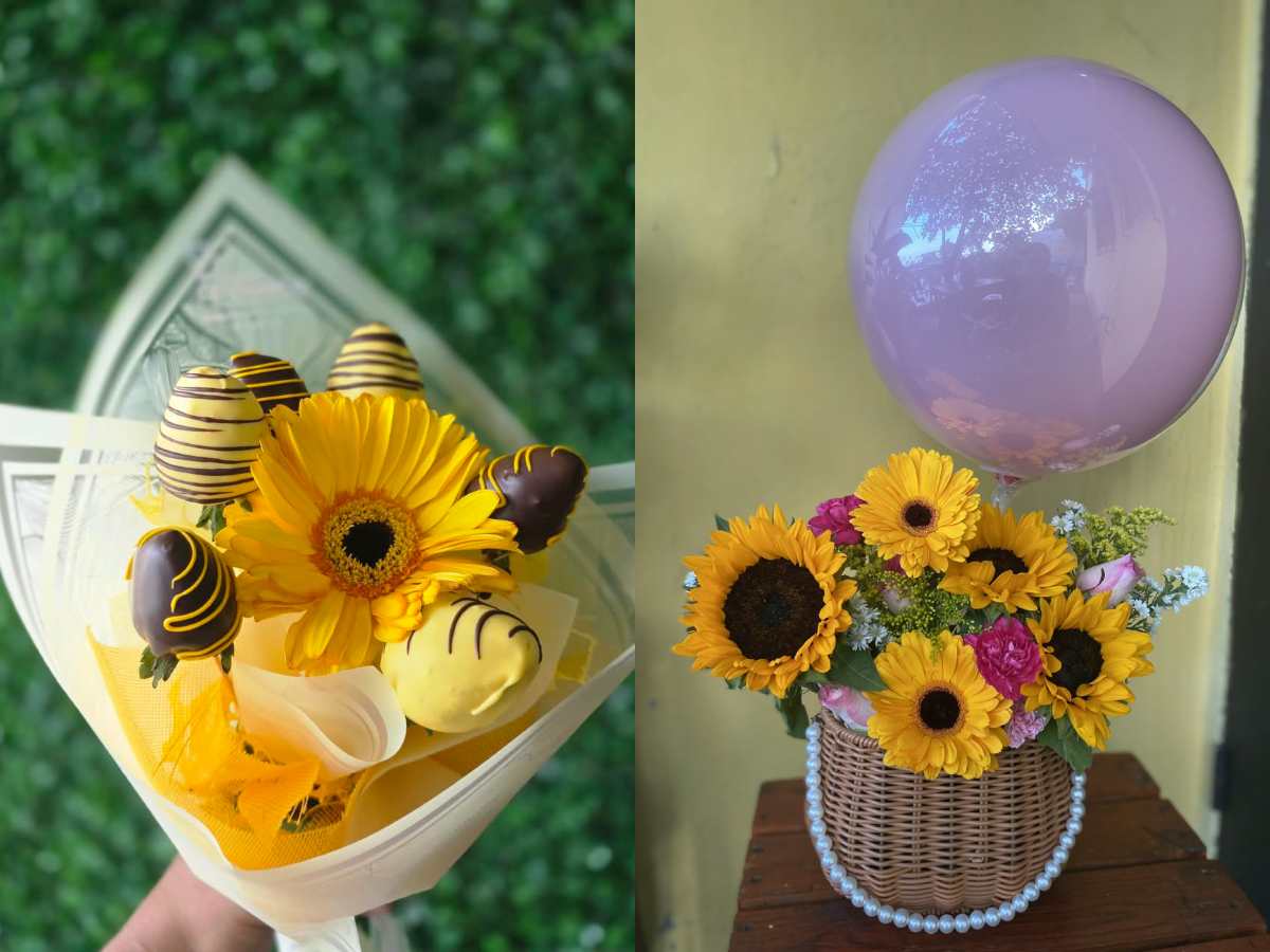Girasoles, gerberas y globos también forman parte de los arreglos preparados por el emprendimiento salvadoreño. Foto/ Cortesía