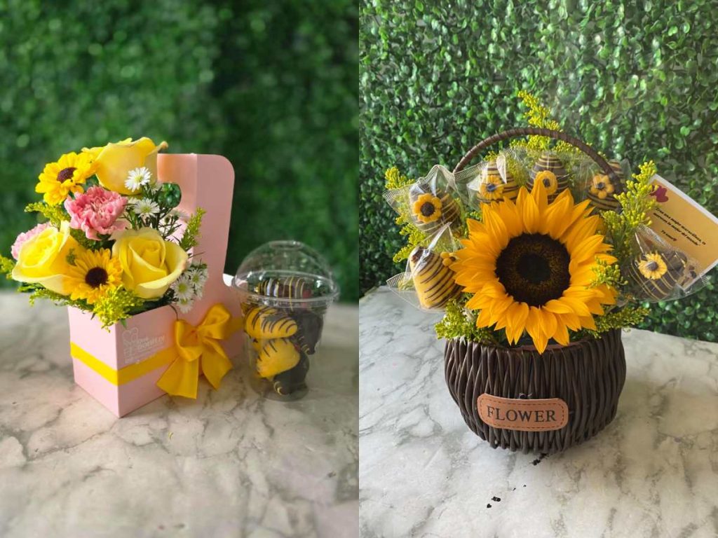 Las fresas cubiertas de chocolate se combinan con flores amarillas para crear una alternativa al tradicional ramo. Foto/ Cortesía