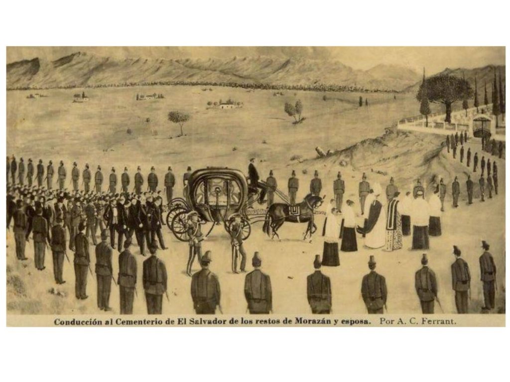 Litografías del francés A. C. Ferrant que presentan de manera idealizada la conducción de las urnas cinerarias con los restos del general y de su esposa hacia el cementerio de San Salvador el 17 de septiembre de 1858. Foto: cortesía / Carlos Cañas Dinarte