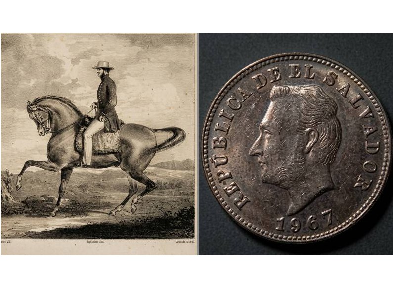 A la izquierda, Morazán vestido de civil y como jinete de su caballo Cachureco. Dibujo trazado y litografiado en París, en 1851, por el artista plástico salvadoreño Juan Francisco Estanislao Cisneros Guerrero (1823-1878). A la derecha, una antigua moneda de colón de El Salvador con el que sería el rostro de Morazán. Fotos: cortesía / Carlos Cañas Dinarte