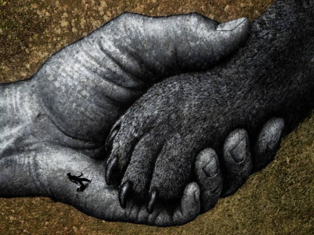 Vista de dron desde las alturas que muestra la figura completa del mural de arte terrestre trazado en la ladera.