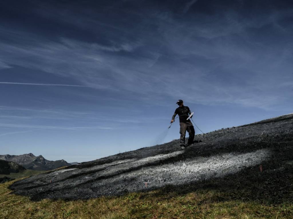 Vista superior de un enorme lienzo natural en la ladera de Beaufort, Francia, mostrando la mano de un humano sosteniendo la pata de un perro.