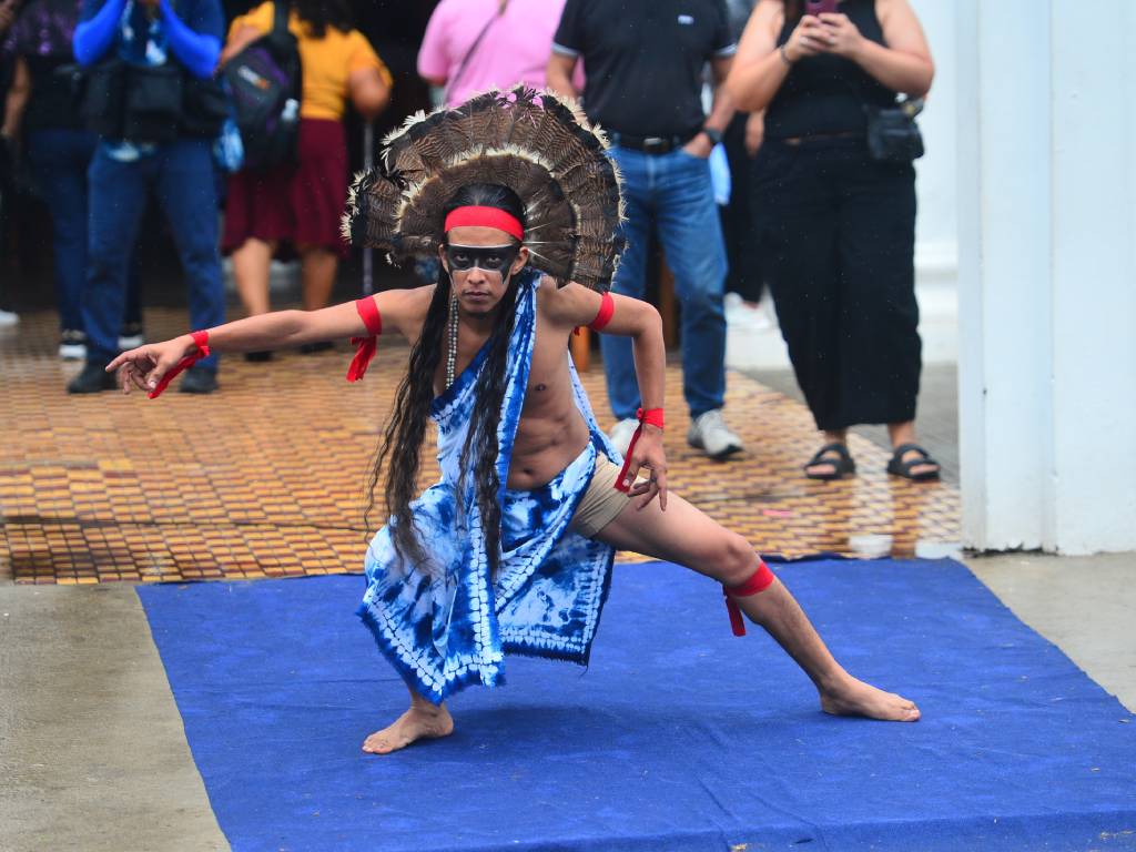 Integrante de un ritual vistiendo indumentaria teñida en azul añil durante la presentación cultural.