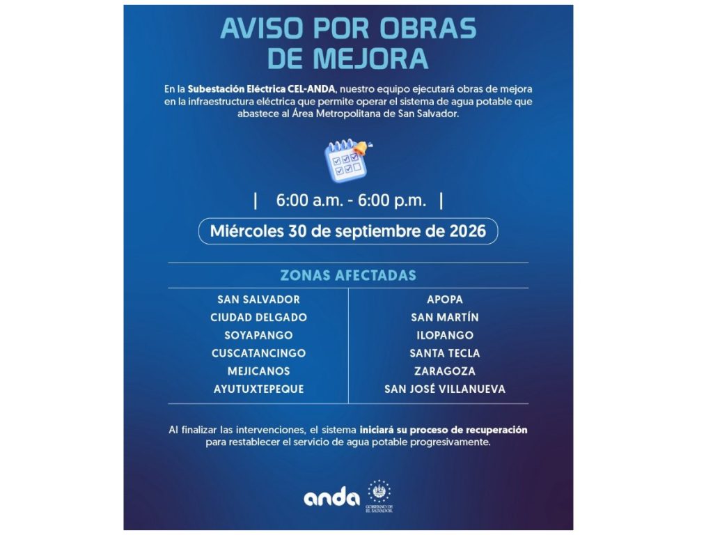 NDA suspenderá durante 12 horas el servicio de agua potable el miércoles 30 de septiembre en varios distritos de San Salvador y La Libertad.